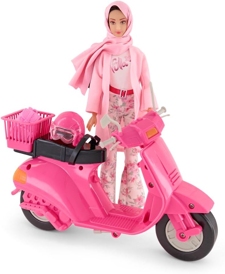 Fulla Doll with Pink Motorbike Includes Floral Pants, Jacket, Helmet and Headscarf & Fashionable Outfit with Ride-On Fun – Perfect for Role Play Adventure and Gift Giving for Kids - Image 2